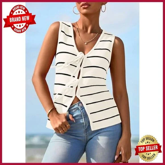 Crochet Knit V-Neck Tie Front Vest Tank Top Summer Beach Outfit